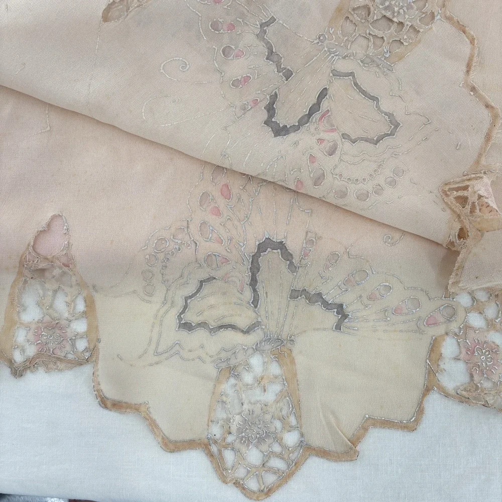 Antique Vtg Silk Scarf Hand Embroidered Cutwork Lace Butterfly Floral Sheer